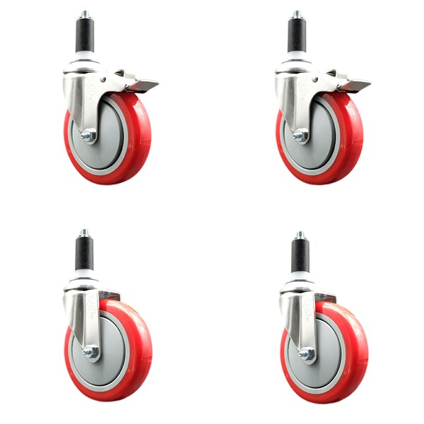 Service Caster 5 Inch 316SS Red Poly Swivel 1-3/8 Inch Expanding Stem Caster Lock Brake, 2PK SS316TTLEX20S514-PPUB-RED-2-S-2-138 - main